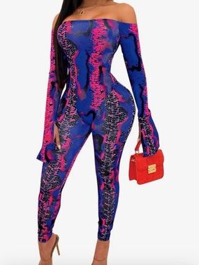 Off-Shoulder Blue & Pink Snake-Print Jumpsuit